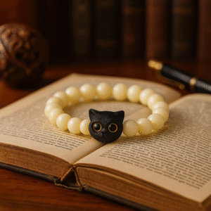White Jade & Ebony Cat Charm Bracelet