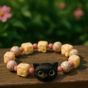 Black Ebony Cat Charm with Star and Moon Bodhi Beads