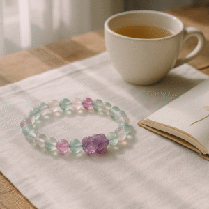 Natural Fluorite & Amethyst Hello Kitty Bracelet